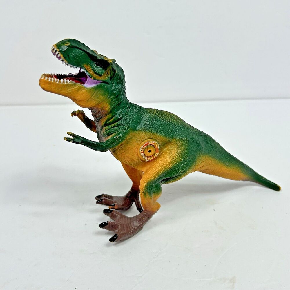 Dinosaur Figure Toy Green Yellow Tyrannosaurus T-rex Dino 7" Tall Open Mouth